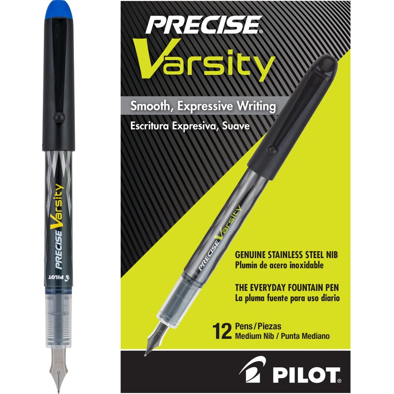 PILOT Precise Varsity Pre-Filled Fountain Pens, Medium Point Stainless Steel Nib, Blue Ink, 12-Pack (90011) - Image 1